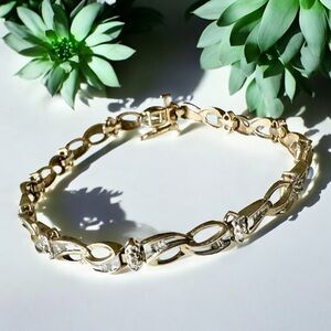 10K Yellow Gold Custom Link Baguette & round Diamond Tennis Bracelet 7.4g